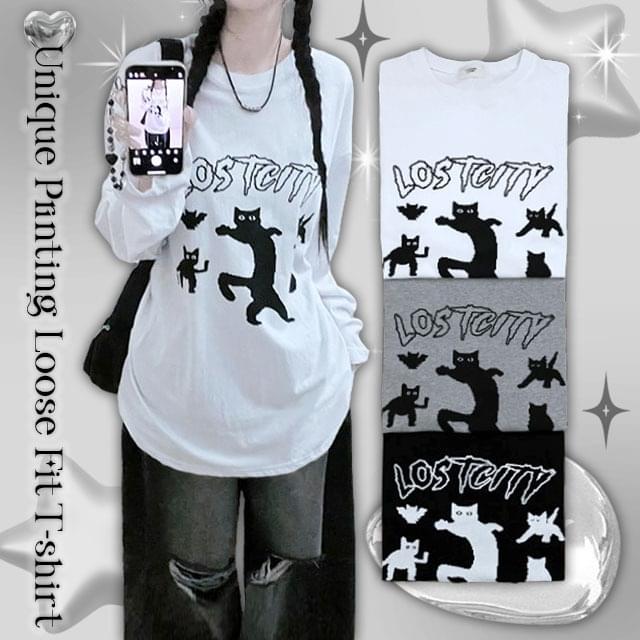 Lost Cats Printed Overfit Long Sleeve T-shirt