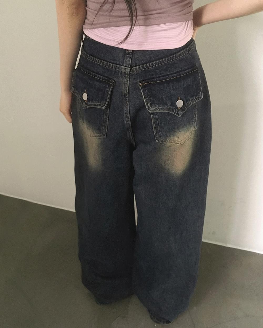 カポール バックポケット ウォッシング ワイドロングデニムパンツ