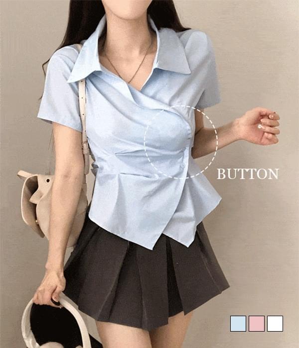 斜めラインピンタックラップサイドボタン半袖シャツ