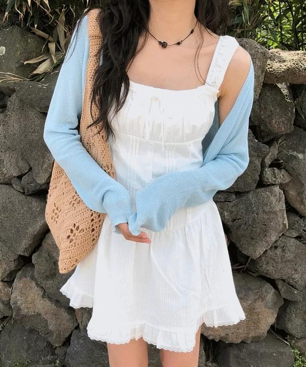 Sewing frill lace ribbon shirring sleeveless bustier Dress 2 color self-wedding/vacation look