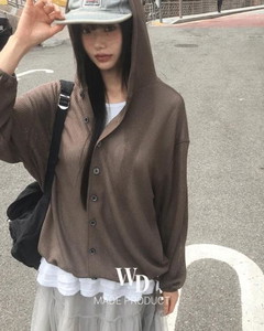 褶皺抽繩透膚連帽針織外套