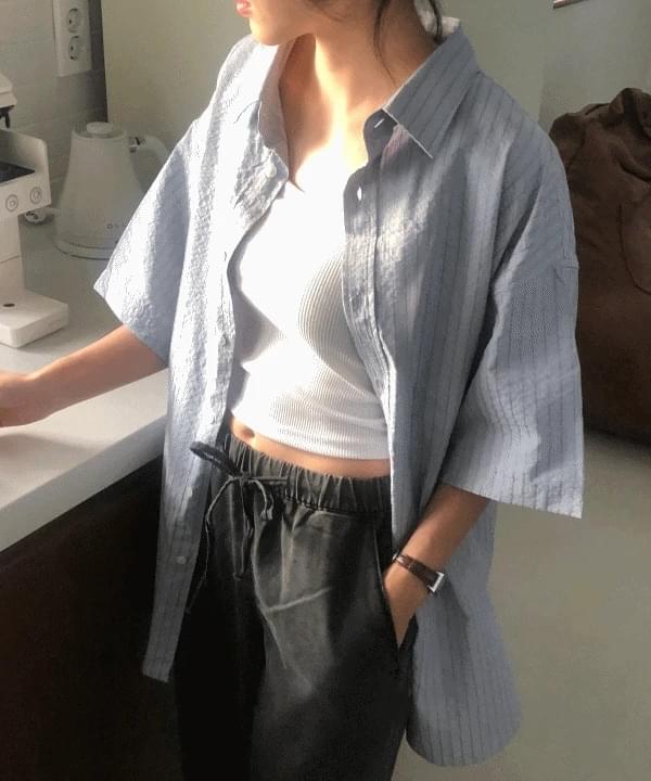 Crinkle Overfit Loose-fit Stripe Summer Seersucker Short Sleeve Shirt Shirt 3 Colors
