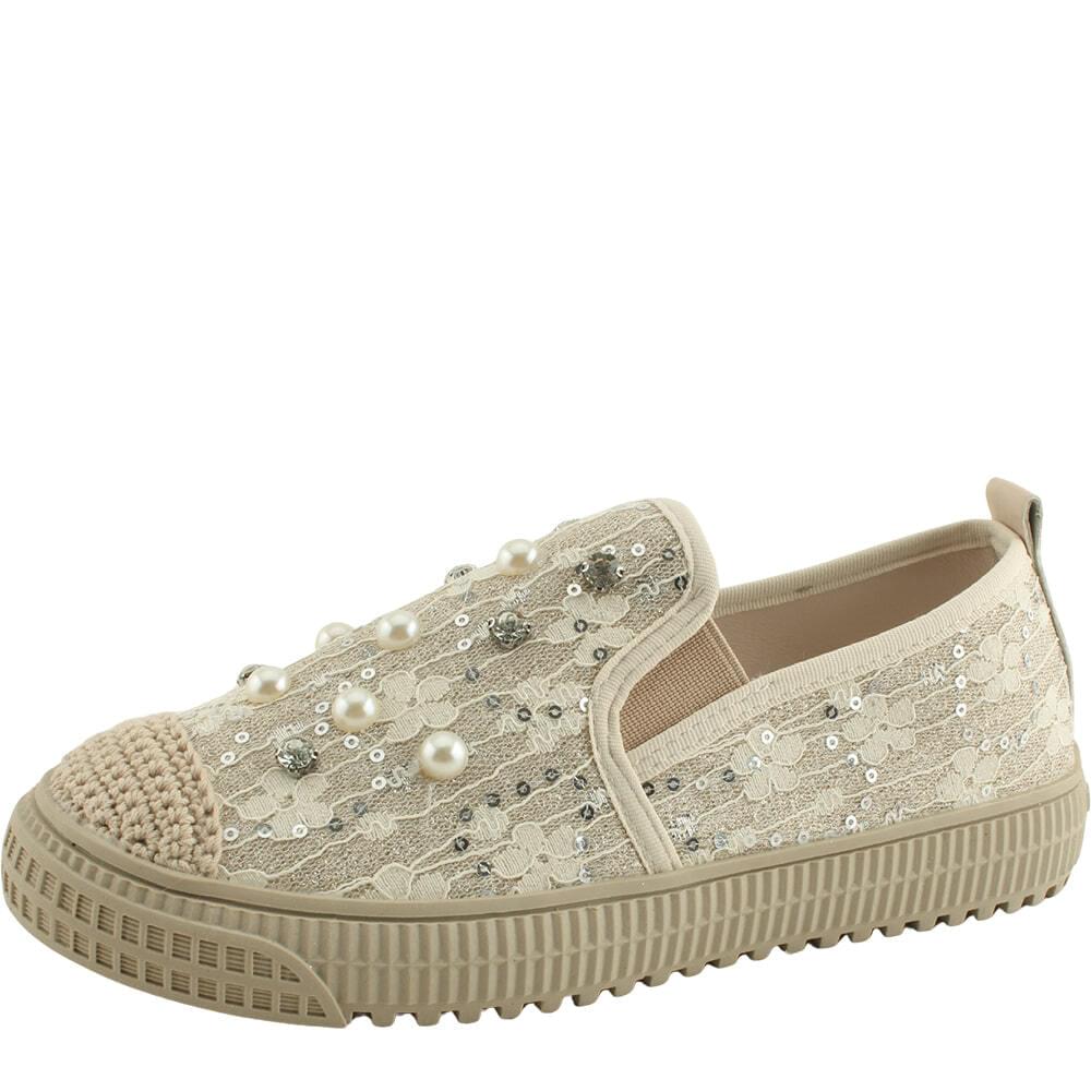 Pearl Cubic Lace Flower Slip-On Sneakers Beige 球鞋/布鞋