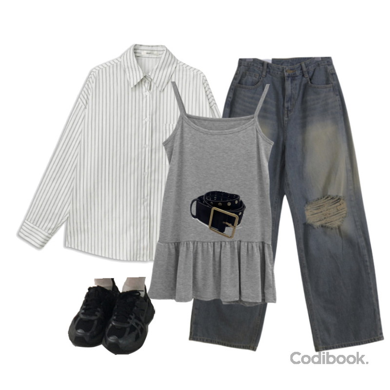 binary01 레이든 스트라이프 셔츠,kim9hope hippie suede stud belt,EEZEE Vintage Ripped Denim DE007등을 매치한 코디