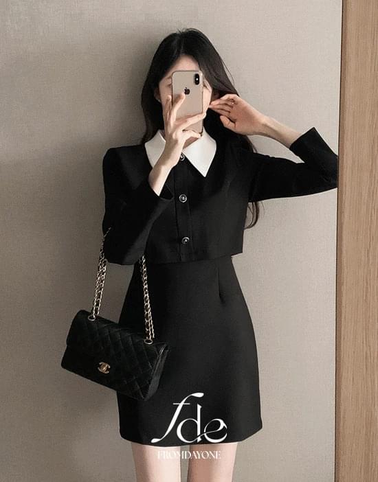 安熙雅襯衫領拼色套裝迷你洋裝