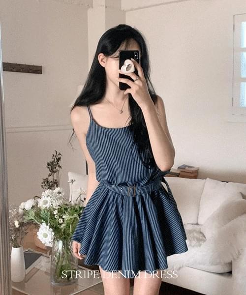 하니 스트라이프 데님 미니 원피스