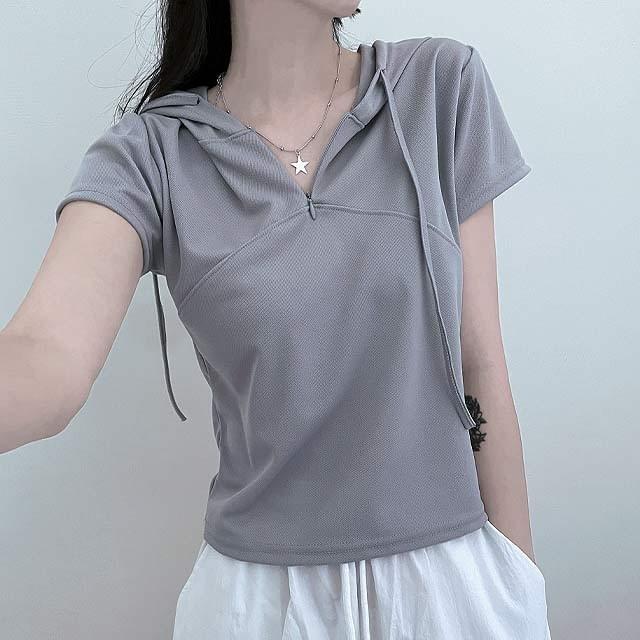Easy Zipper Hooded Short Sleeve Tee
