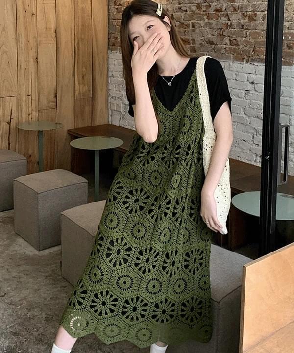 Denibble Vintage Crochet Layered Long Dress
