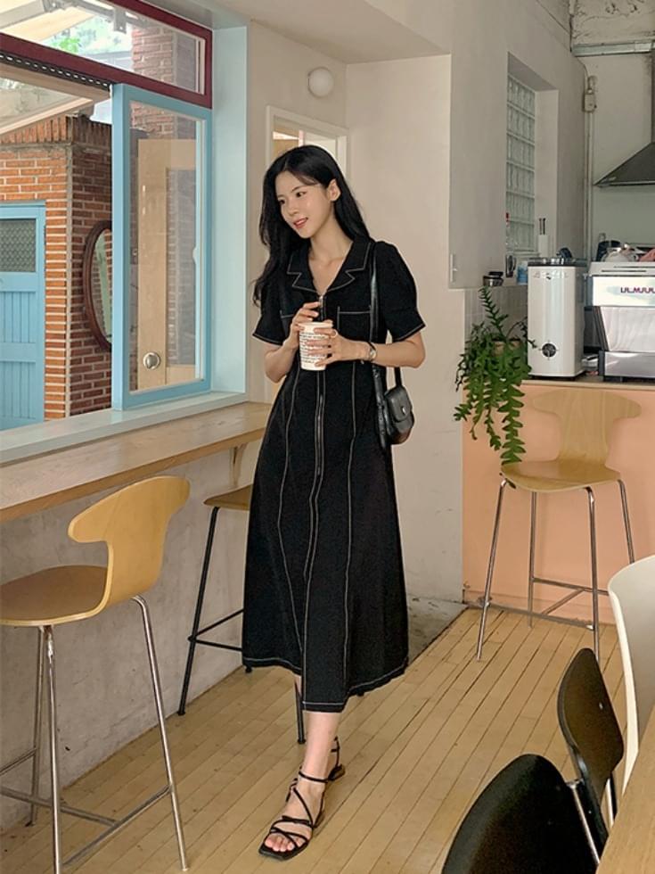 Depainve rustling stitch open collar zip-up long one Dress