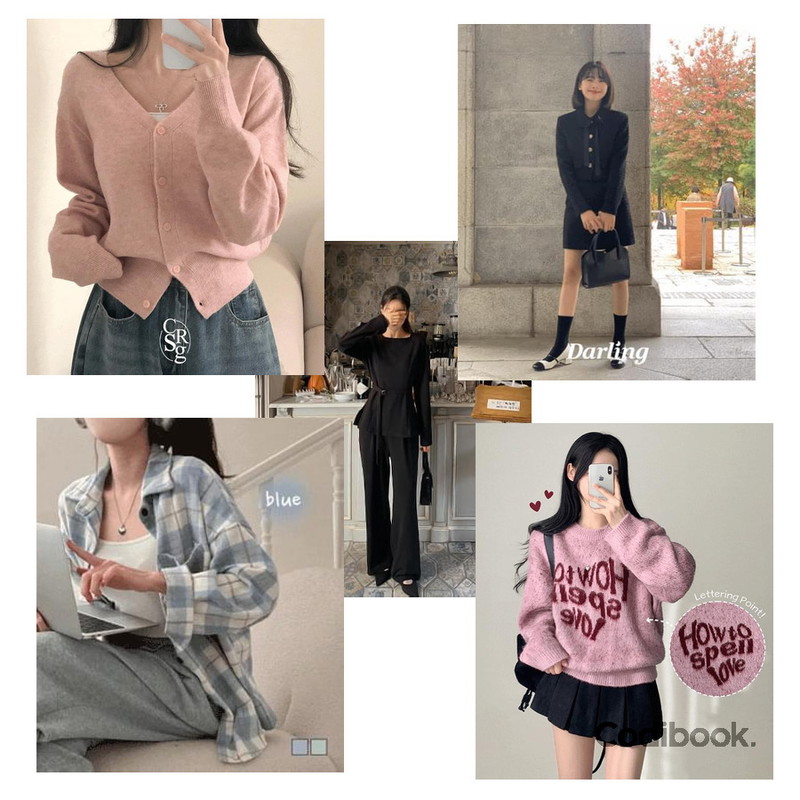 creamsugar 오로라 캐시미어 카라 긴팔가디건,Codibook Delight 리본 트위드 투피스 셋업(-3kg핏, 누적 2,000set 돌파, 하객룩,데이트룩),Codibook Delight 이블 러블리 힙무드 도톰 라운드 아크릴 보카시 레터링 오버핏 니트등을 매치한 코디