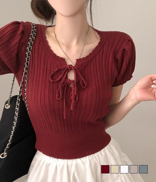 모리 리본 퍼프 크롭 반팔 니트