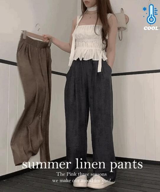 Domu High Waist Banding Linen Wide Pants