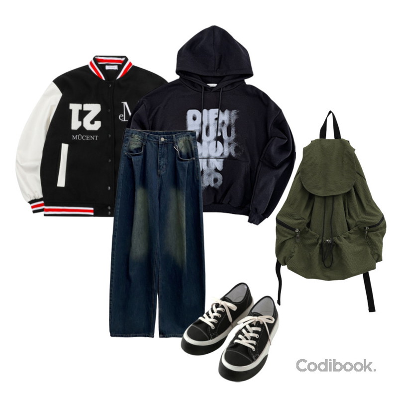 CHAAKAN 슈가 레이스업 캐주얼 스니커즈 더착한 SNFBR3d817,MUCENT TIVERTON SIGNATURE VARSITY JACKET (UNISEX) 티버턴 시그니처 바시티 자켓 (남녀공용),Loonough 스머징 프린팅 오버핏 후드티등을 매치한 코디