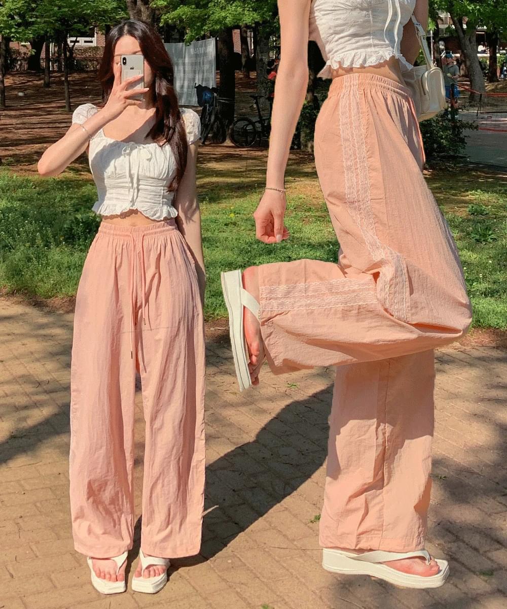 *rustling* Nylon lace banding wide jogger training track pants washa high waist