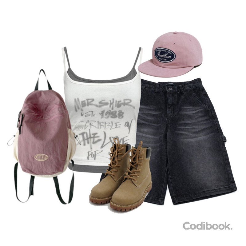 ondeed 필오 데일리 배색 나일론 메쉬 스트링 백팩,DAILYJOU 컴다운 레이스업 워커 부츠,Cozy&Kitsch 스크리블 그래픽 투톤 탑등을 매치한 코디