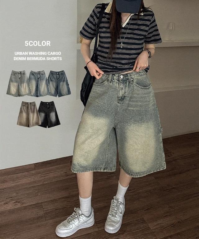 Urban Faded Cargo Denim Bermuda Shorts