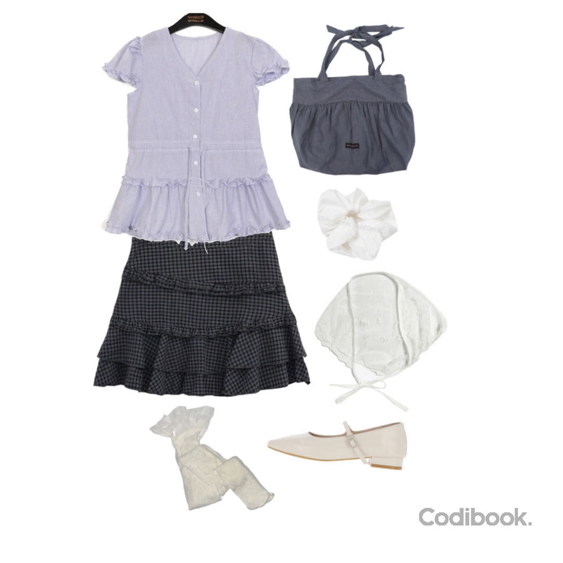 From Beginning 베키 빅헤어스크런치 (8color),tipssy jeni ribbon scarf (2color),kim9hope 플로링 mood 스타킹등을 매치한 코디