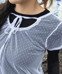 Feather Ribbon String Dot See-through Short Sleeve T-Shirt Blouse 2 Colors