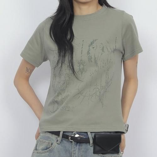 Printed Semi Crop Short Sleeve T-shirt TS022 (당일 출고)