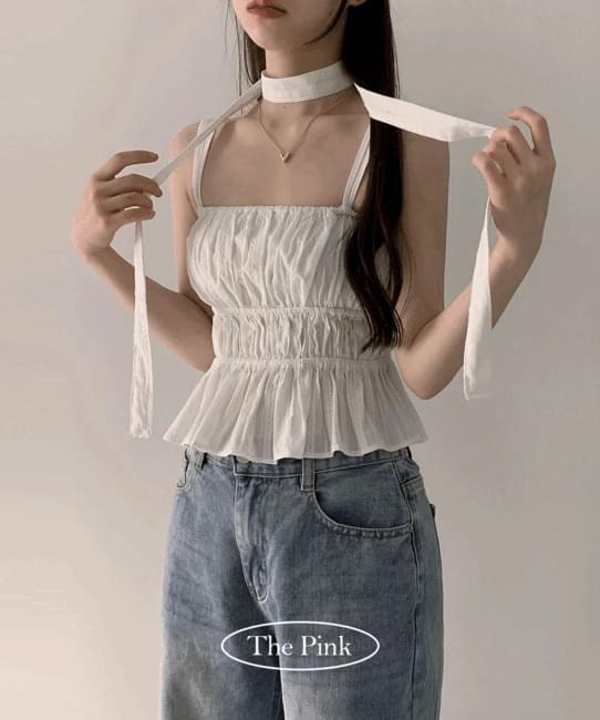 Dael Punching Shirring Banding Strap Sleeveless Blouse + Tie Set