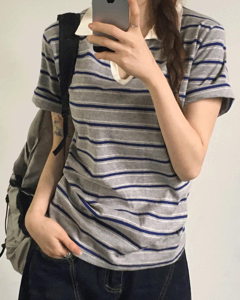 네토 스트라이프 PK 카라 브이넥 럭비티 반팔 티셔츠