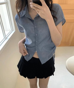 Burgundy Stripe Sheer Shirring Short Sleeve Shirt Blouse