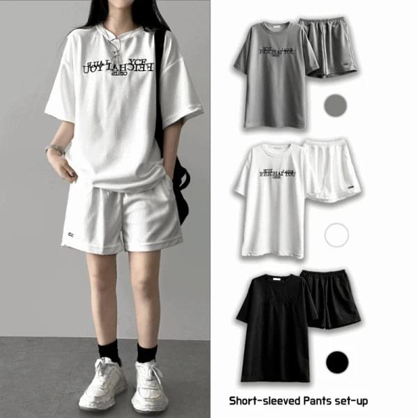 라베 자수 레터링 반팔티 반바지 세트 셋업 (3color)