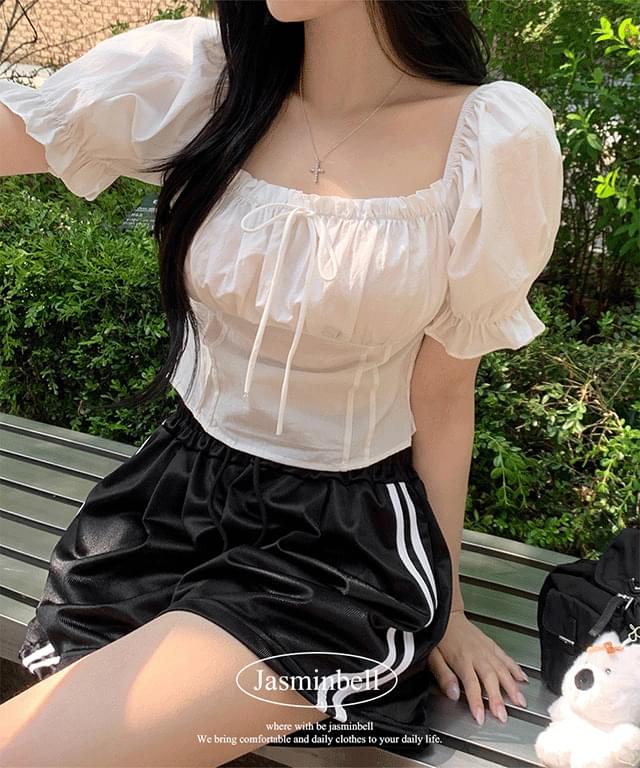 Sophie sleeve puff frill smoke banding ribbon off shoulder crop short sleeve blouse goddess look date look