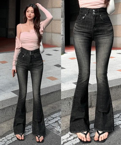 Life denim two button one pick pants body correction high waist Faded Flared denim pants jeans cotton pants Spandex thin wide tall woman body correction Blue Black Denim SML