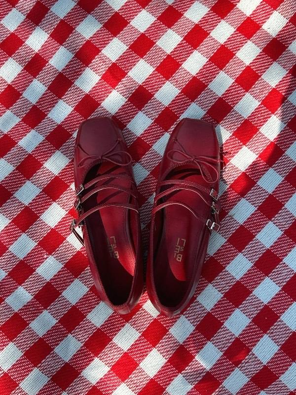 RED RIBBON STRAP BALLERINA FALT SHOES フラット