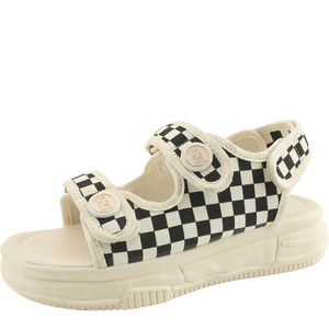 Check Strap Slingback Platform Cushion Flat Sandals Beige