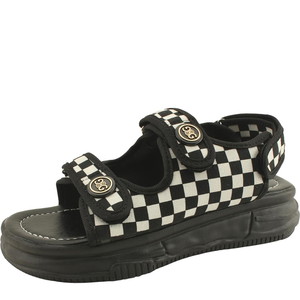 Check Strap Slingback Platform Cushion Flat Sandals Black