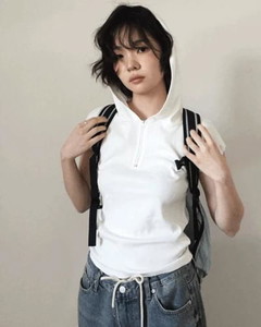 Shirring Half Zip-Up Hoodie *Ivory Same-Day Shipping Available