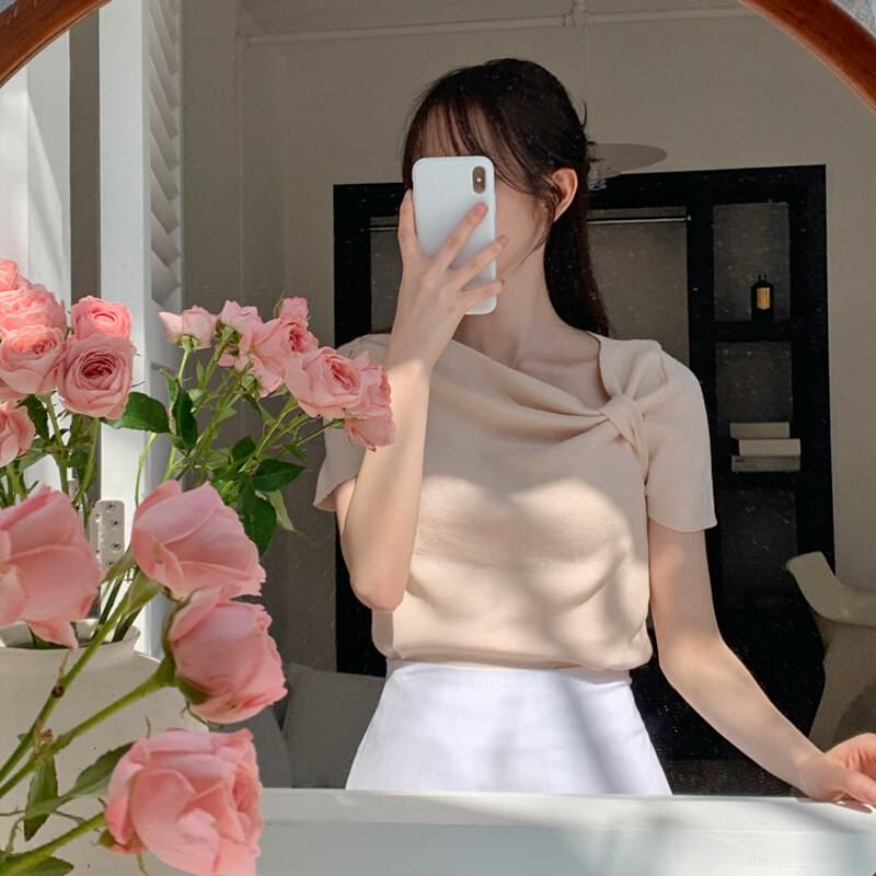 Bicoring Drape Ribbon Short Sleeve Knitwear
