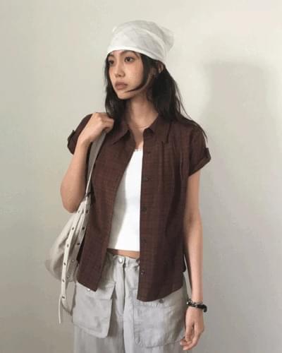 Pintuck Plaid Roll-up Shirt *Brown Same-day shipping available