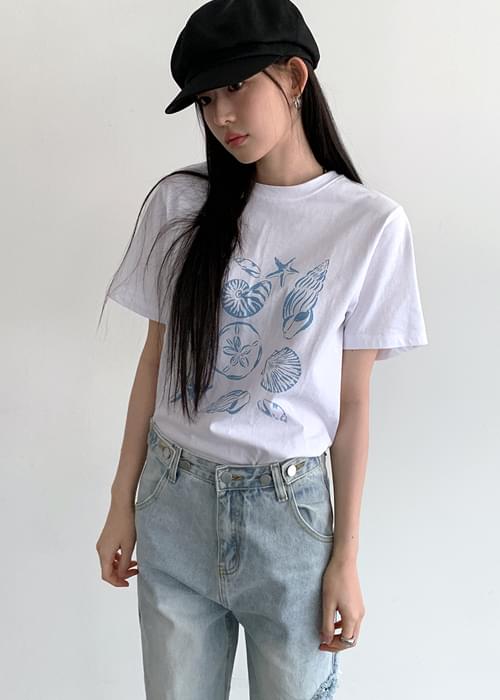 Seashell printed cotton short sleeve T-shirt