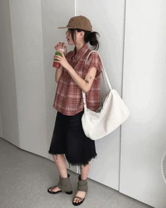 牛角袖復古格紋襯衫