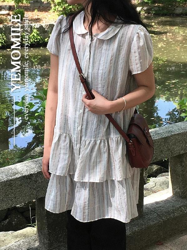 荷葉邊直條紋亞麻短袖洋裝