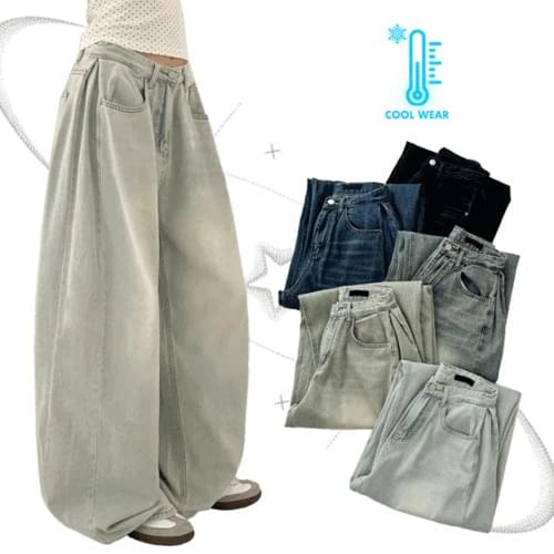 Four-cornered side pin Faded wide balloon fit denim pants