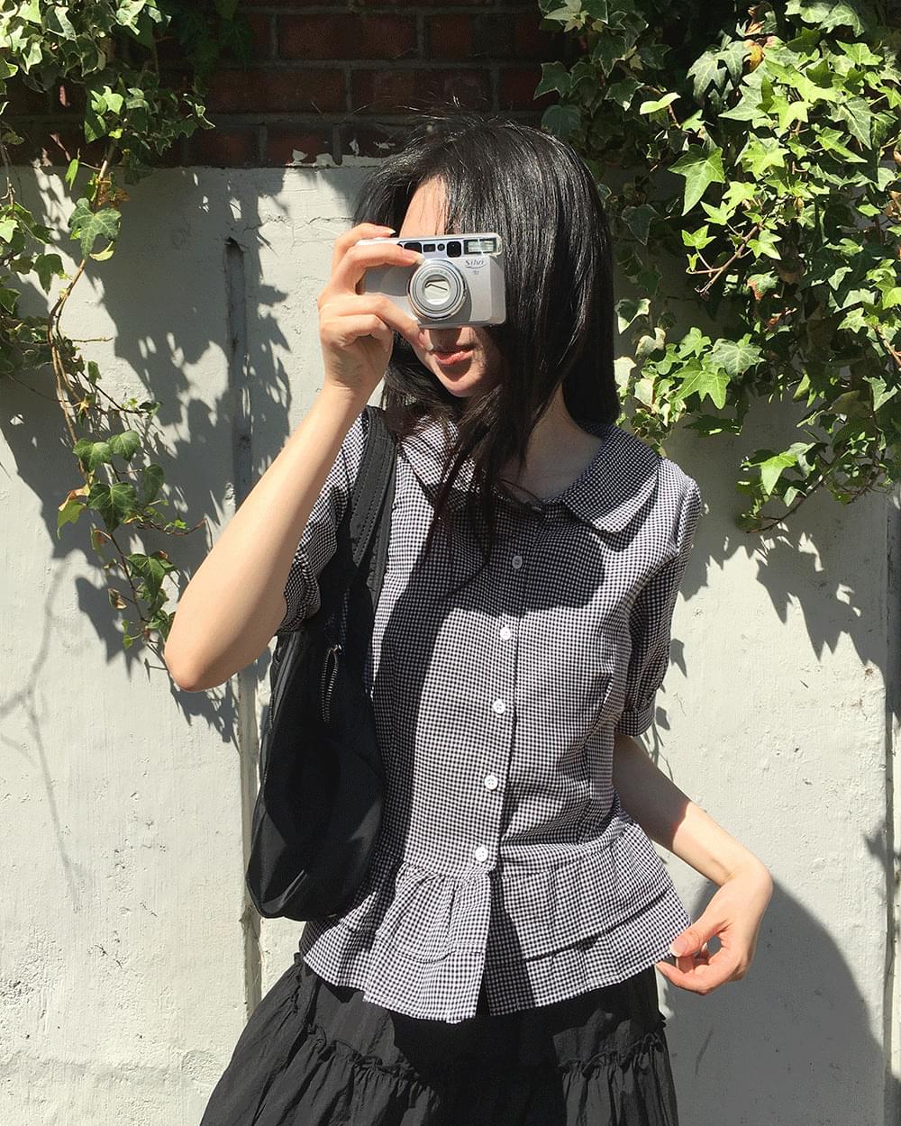 Lupon Frill Puff Ribbon Back Strap Short Sleeve Blouse