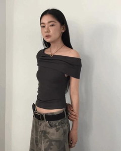 Draping Off-Shoulder T-Shirt *Charcoal, Ivory Same-Day Shipping Available