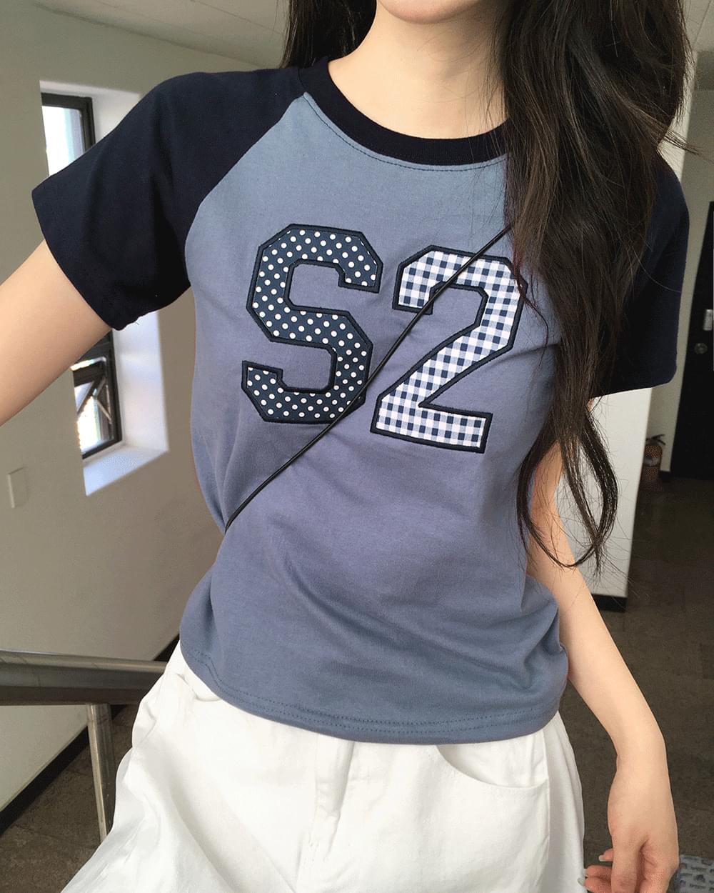 點點數字格紋拼接袖口短袖T恤