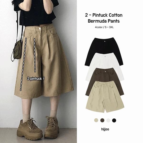 Relet waistband pin tuck cotton bermuda shorts