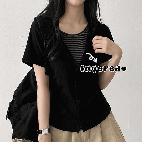 두스 스트라이프 단가라 레이어드 가디건 반팔티 (2color)