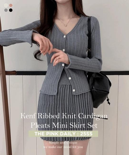 Kenp Slim Fit Ribbed Knitwear Cardigan + Pleated Mini Skirt Set