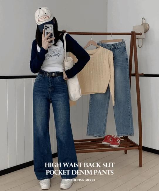 Celting high waist back slit Faded denim pants