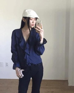 Ruffle V-Neck Blouse *Navy Same-day shipping available