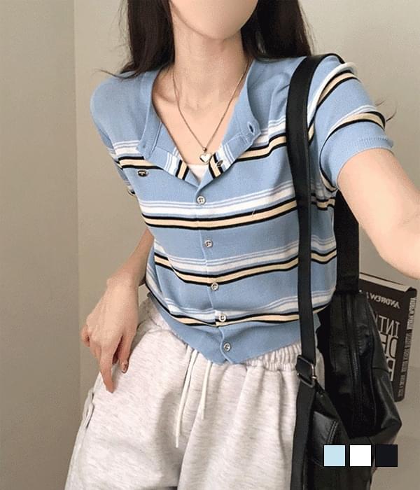 Lanf Striped Stripe Silver Pendant Patch Short Sleeve Knitwear Cardigan