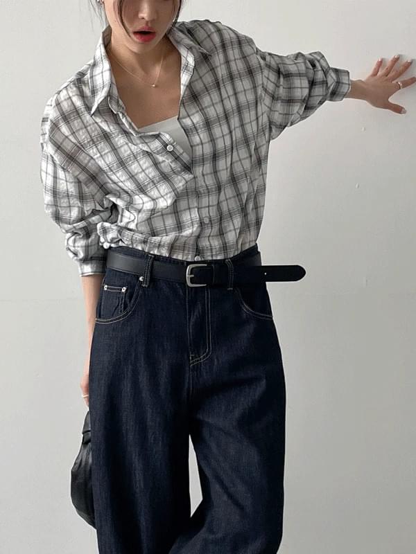 皺皺格紋寬鬆襯衫