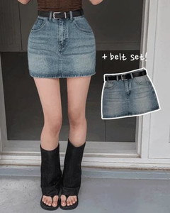 이유브 반하이웨스트 포켓 스티치 빈티지워싱 벨트set 속바지 미니 청치마 데님스커트